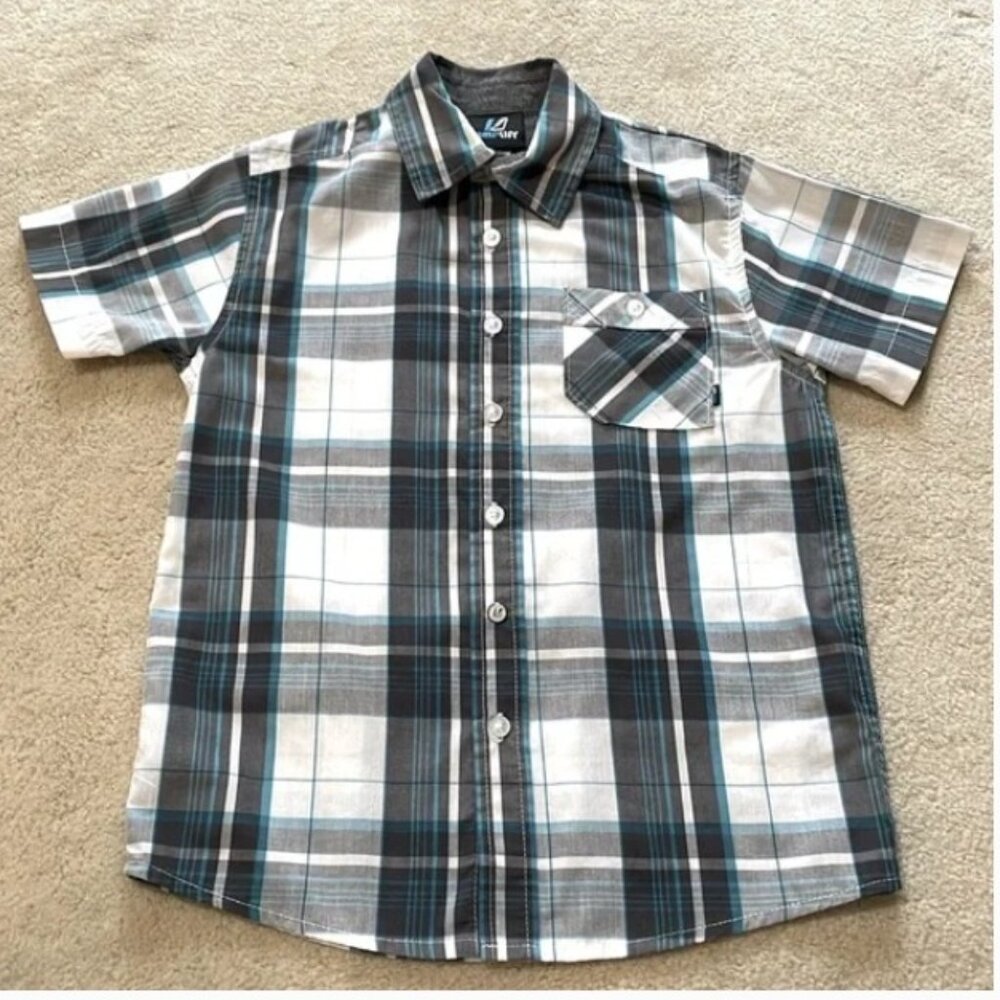 Amplify button down plaid short sleeve shirt blue turquoise white gray Small 8